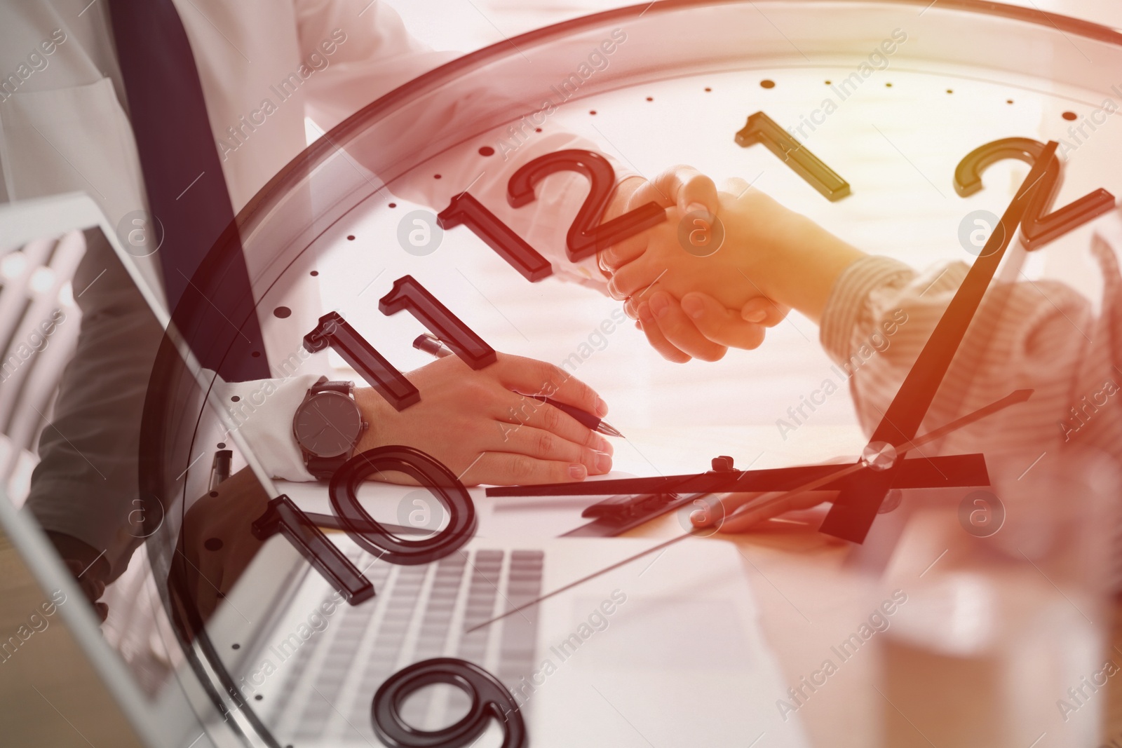 Image of Double exposure with businesspeople shaking hands over table and clock. Time management