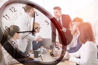 Image of Team of businesspeople working in office, clock, double exposure. Time management