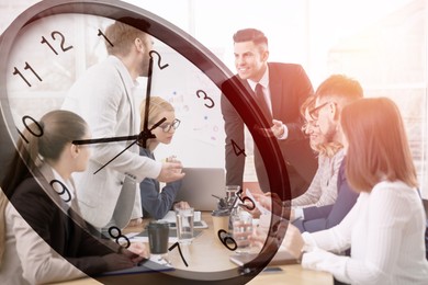 Team of businesspeople working in office, clock, double exposure. Time management