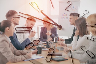 Image of Team of businesspeople working in office, clock, double exposure. Time management