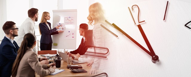 Image of Team of businesspeople working in office, clock, double exposure. Time management