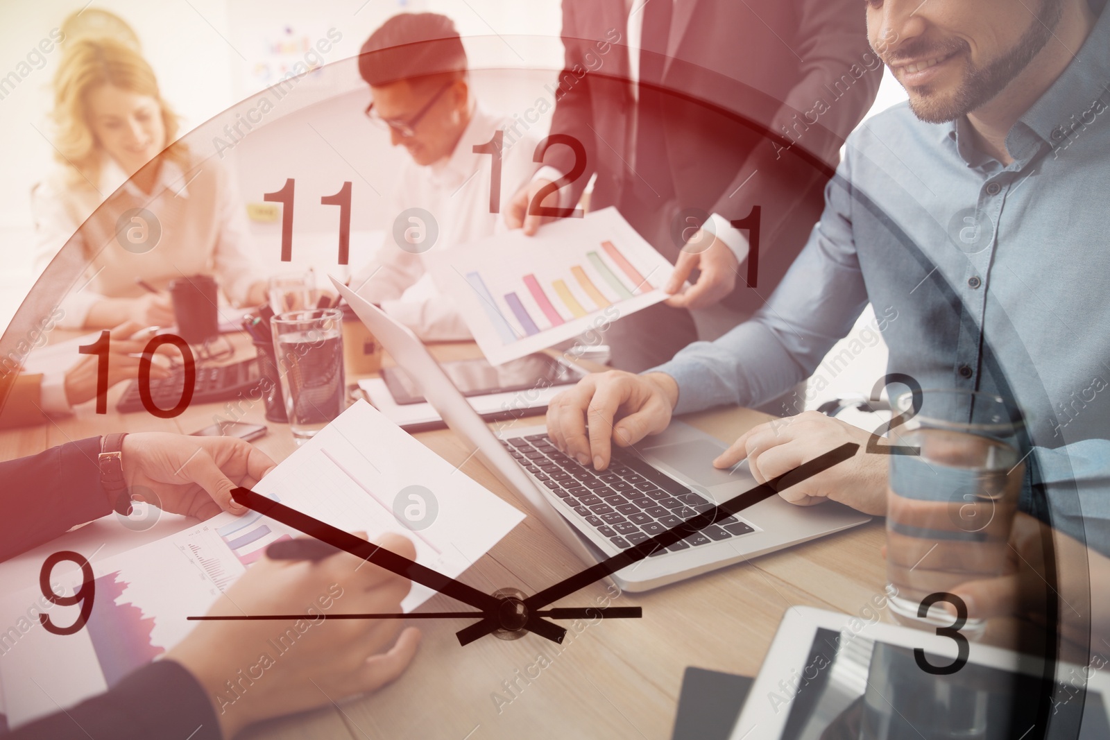 Image of Team of businesspeople working in office, clock, double exposure. Time management