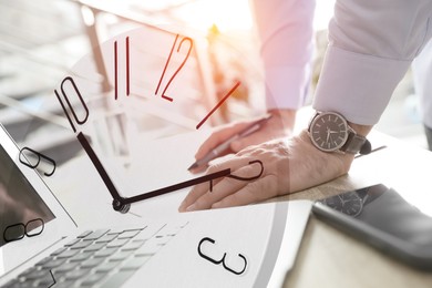 Image of Businessman working at table, clock, double exposure. Time management