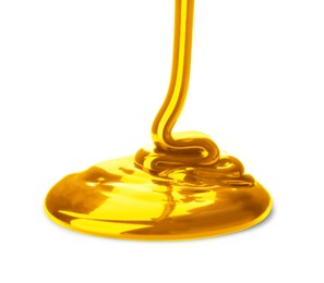 Pouring gold fluid on white background. Bright liquid