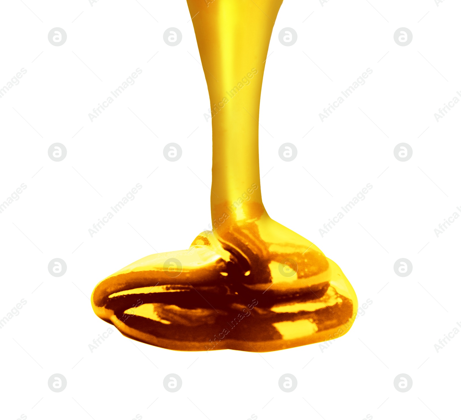 Image of Pouring gold fluid on white background. Bright liquid