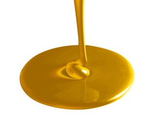 Image of Pouring gold fluid on white background. Bright liquid