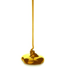 Image of Pouring gold fluid on white background. Bright liquid