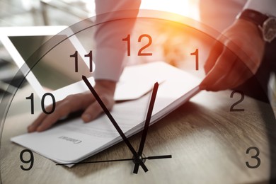 Image of Businessman working at table, clock, double exposure. Time management