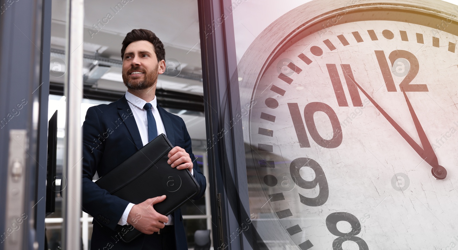 Image of Businessman walking out of office building, clock, double exposure. Time management