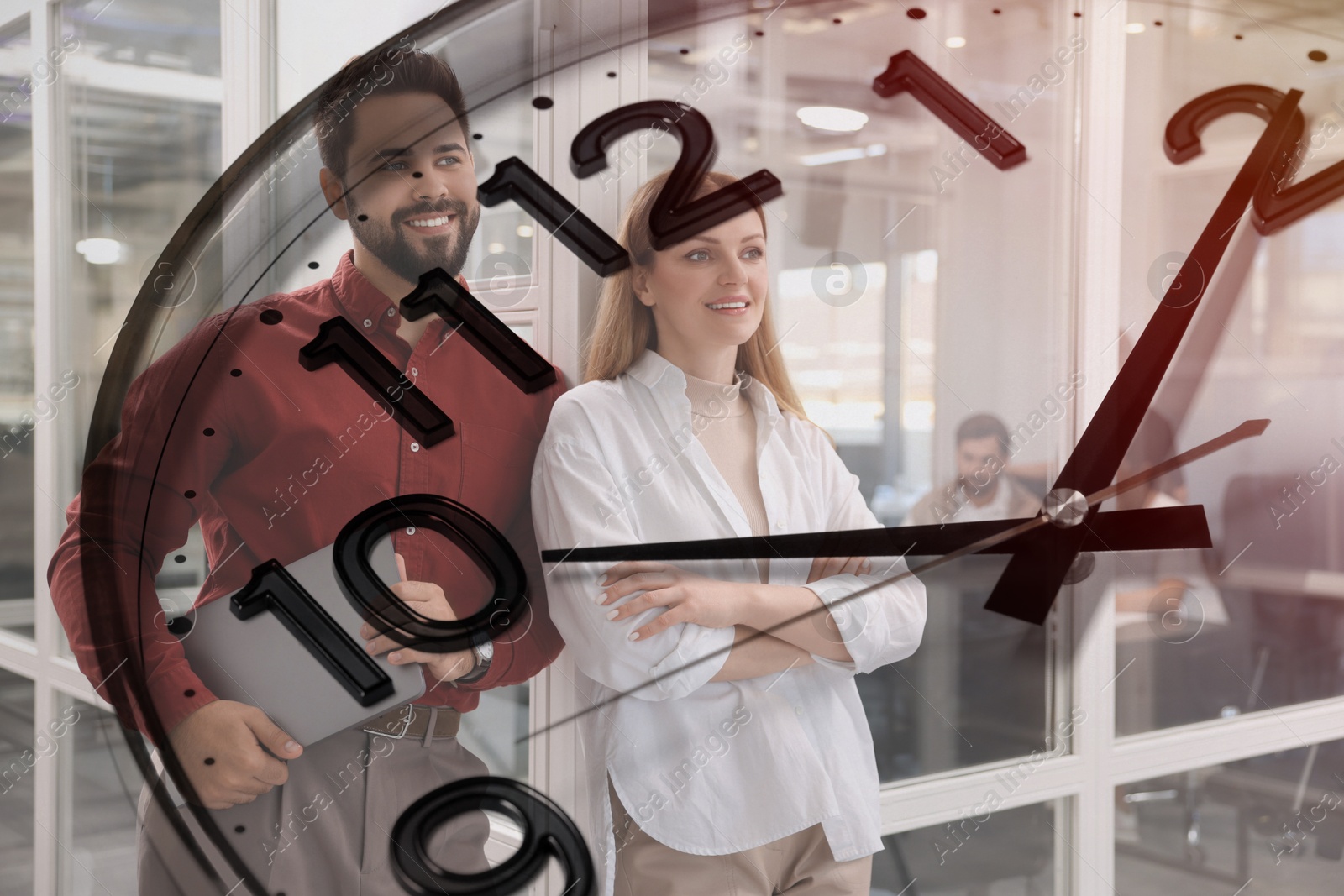 Image of Businesspeople in office, clock, double exposure. Time management