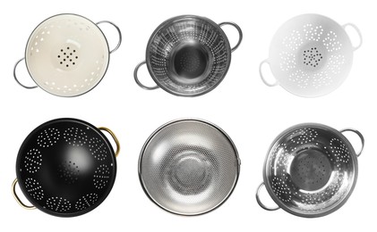 Image of Set of different colanders isolated on white, top view