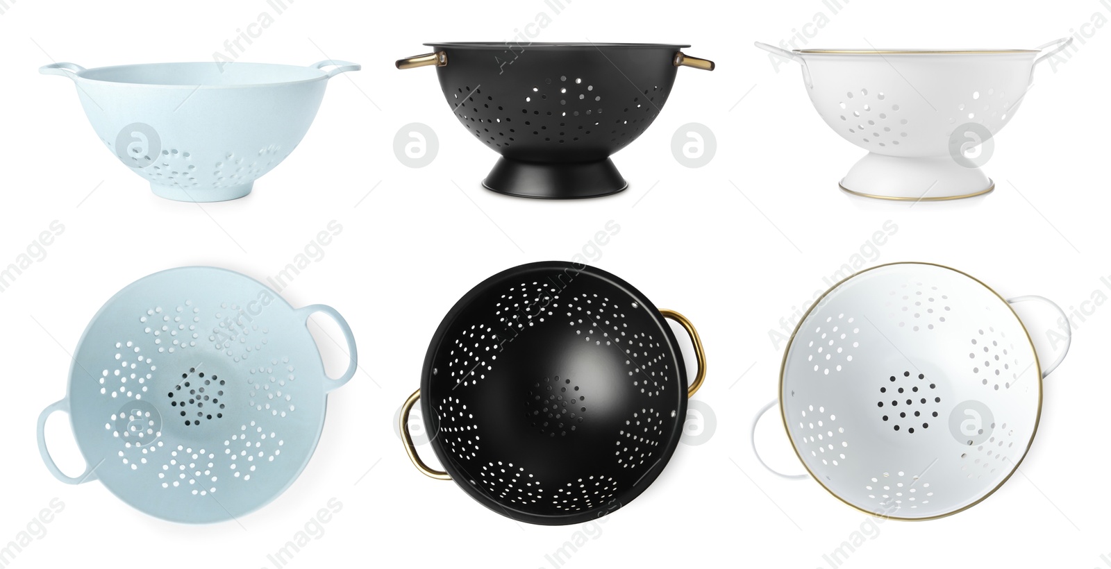 Image of Different colanders isolated on white, top and side views