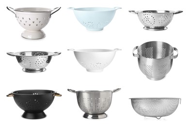 Image of Many different colanders isolated on white, set