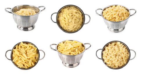 Image of Colanders with different types of pasta isolated on white, set