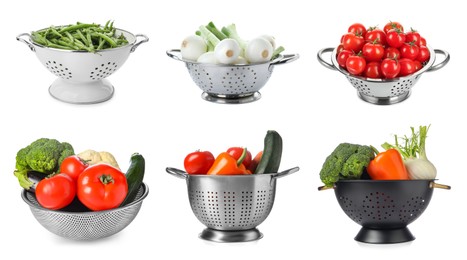 Image of Different colanders with fresh vegetables isolated on white, set