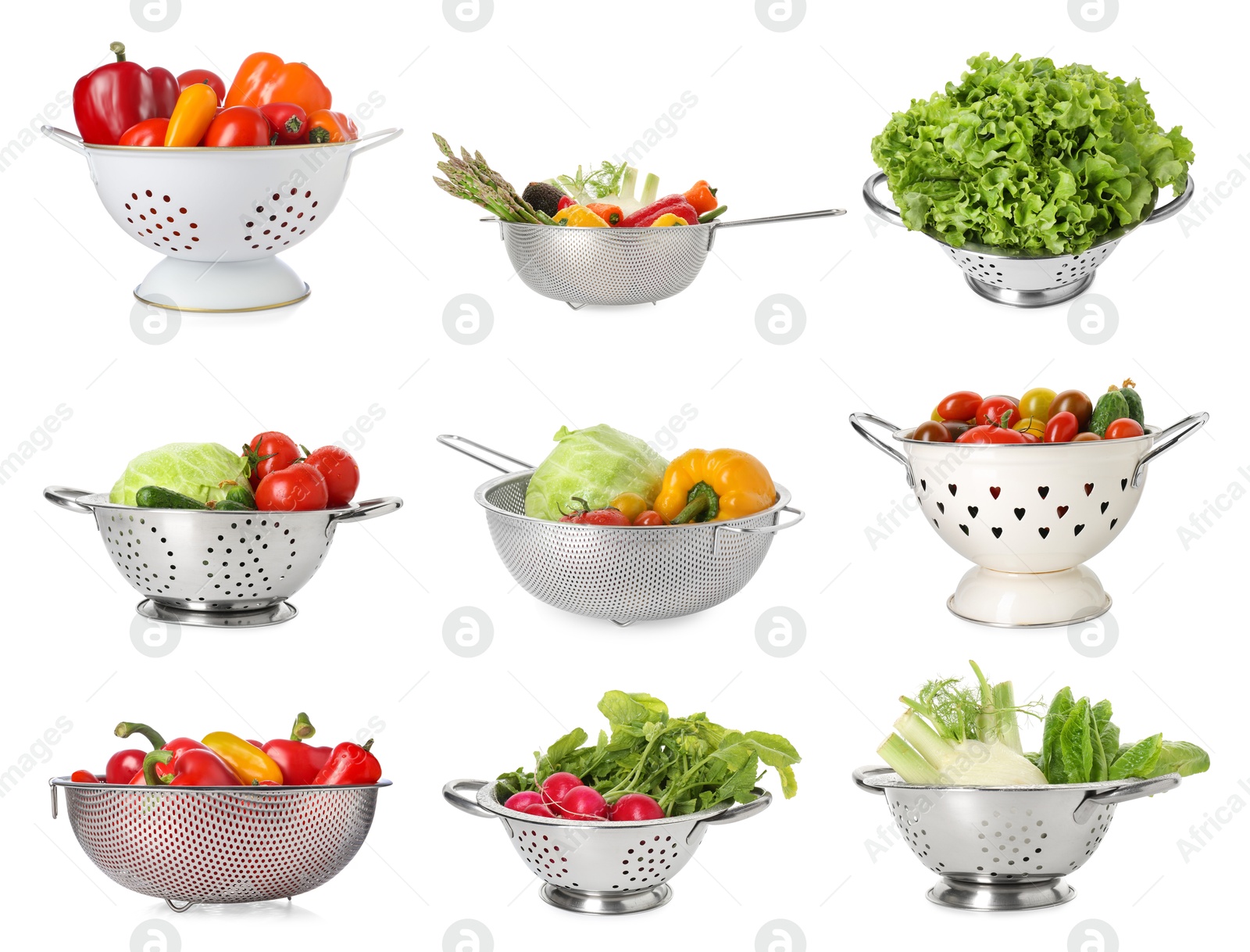 Image of Different colanders with fresh vegetables isolated on white, set