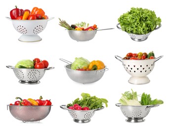 Image of Different colanders with fresh vegetables isolated on white, set