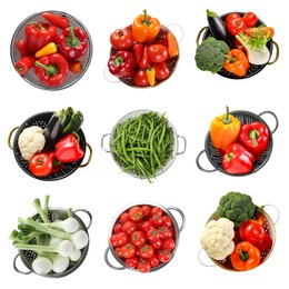 Image of Set of colanders with fresh vegetables isolated on white, top view