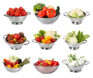 Image of Different colanders with fresh vegetables isolated on white, set