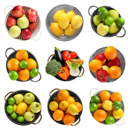 Image of Set of colanders with fresh fruits and vegetables isolated on white, top view