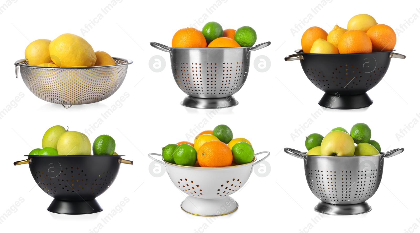 Image of Different colanders with fresh fruits isolated on white, set