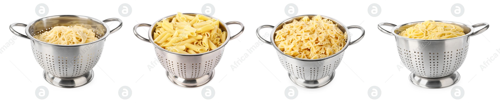 Image of Colander with different types of pasta isolated on white, collage