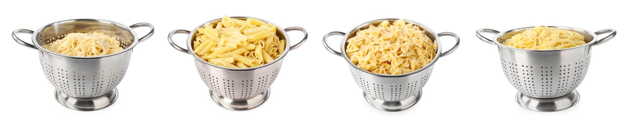 Image of Colander with different types of pasta isolated on white, collage