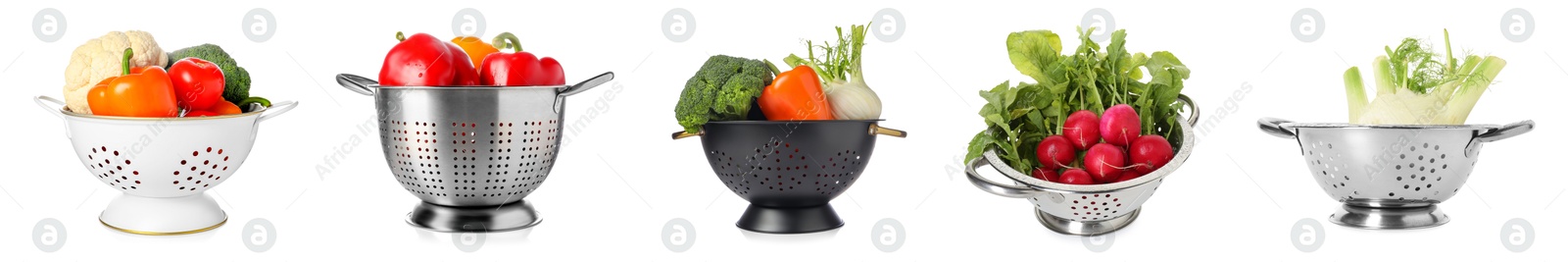 Image of Different colanders with fresh vegetables isolated on white, set