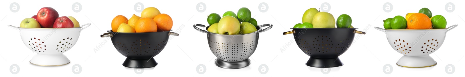 Image of Different colanders with fresh fruits isolated on white, set