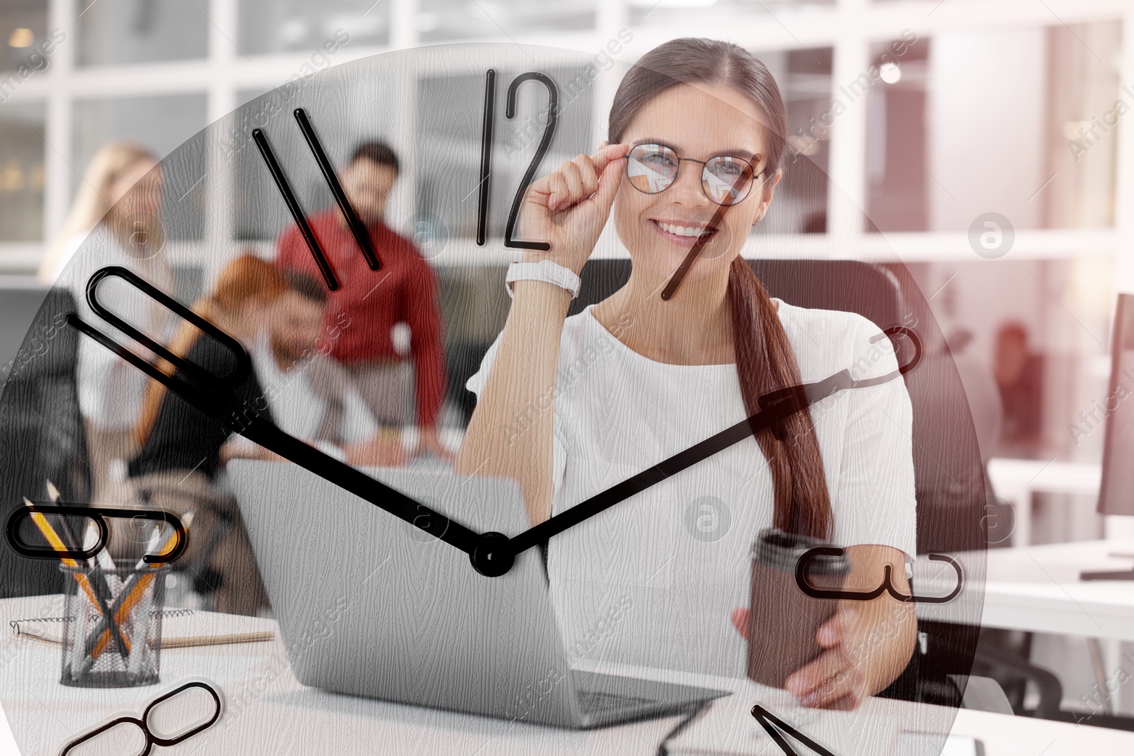 Image of Businesspeople working in office, clock, double exposure. Time management