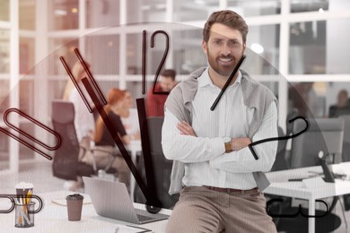 Image of Businesspeople working in office, clock, double exposure. Time management