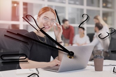 Businesspeople working in office, clock, double exposure. Time management