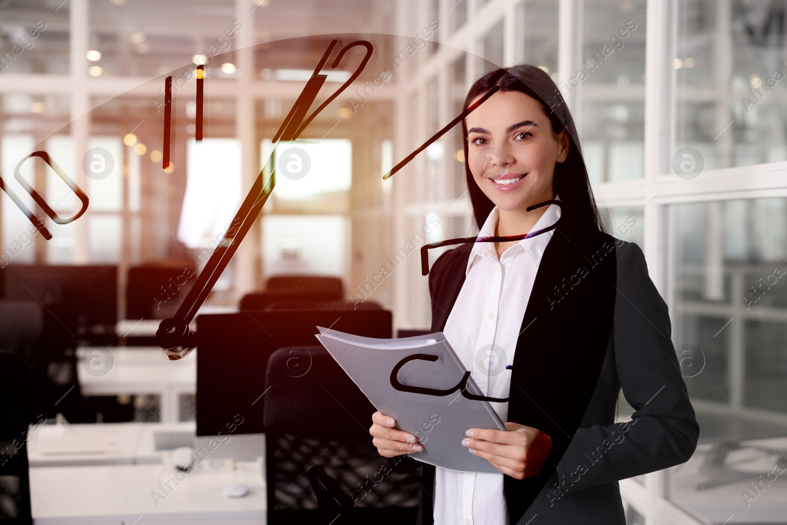 Image of Businesswoman in office, clock, double exposure. Time management