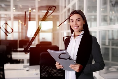 Image of Businesswoman in office, clock, double exposure. Time management