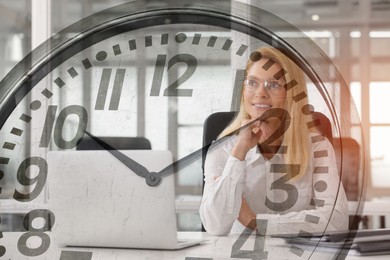 Image of Businesswoman in office, clock, double exposure. Time management