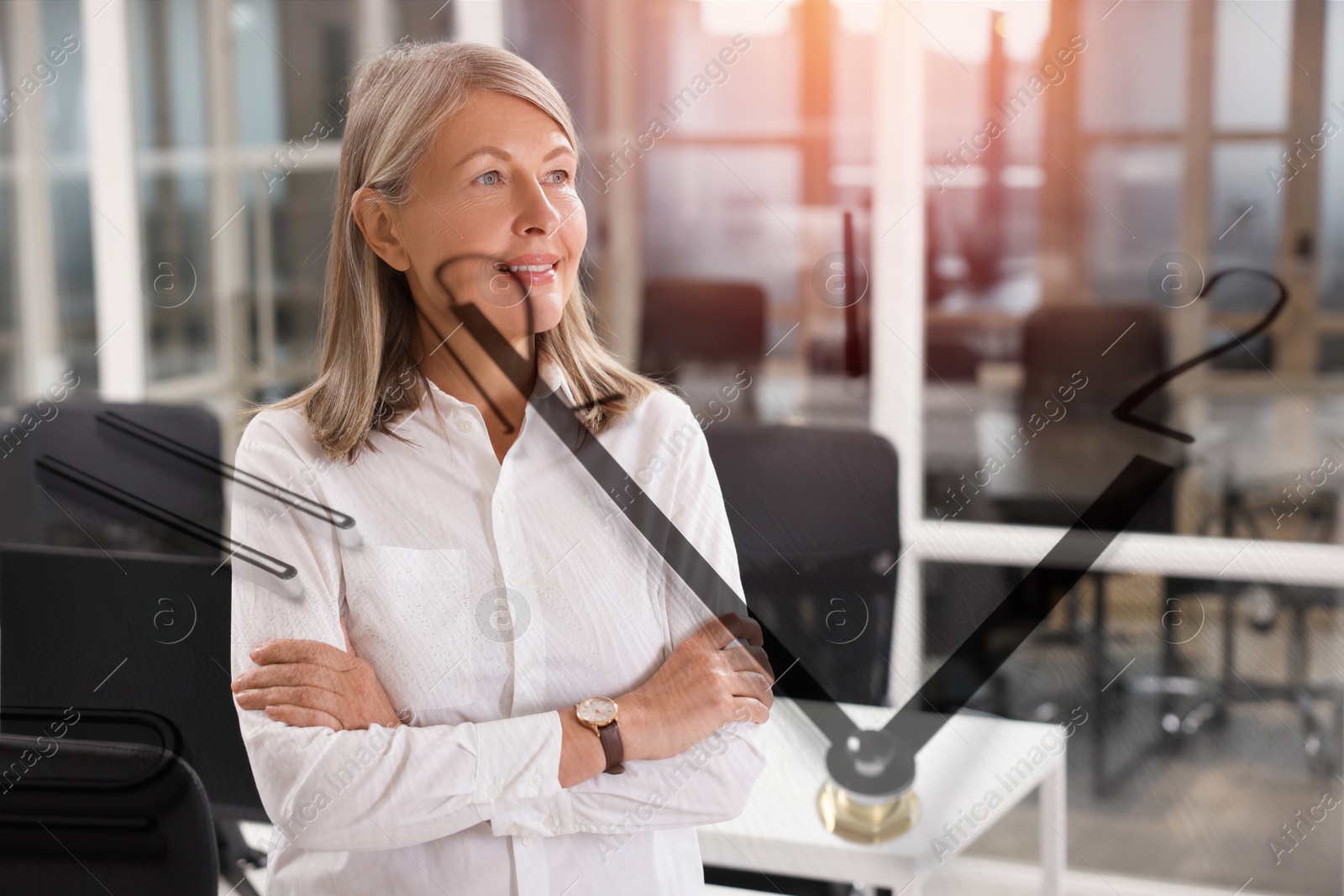 Image of Businesswoman in office, clock, double exposure. Time management