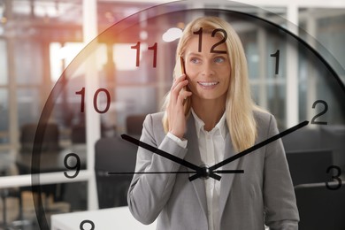 Image of Businesswoman talking on phone in office, clock, double exposure. Time management