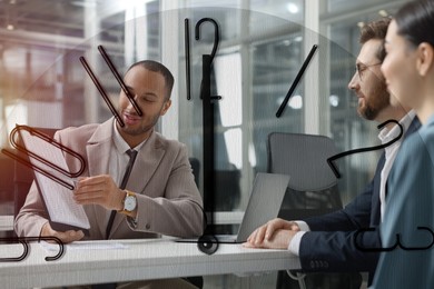 Image of Businesspeople working in office, clock, double exposure. Time management