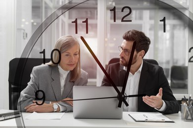 Image of Businesspeople working in office, clock, double exposure. Time management