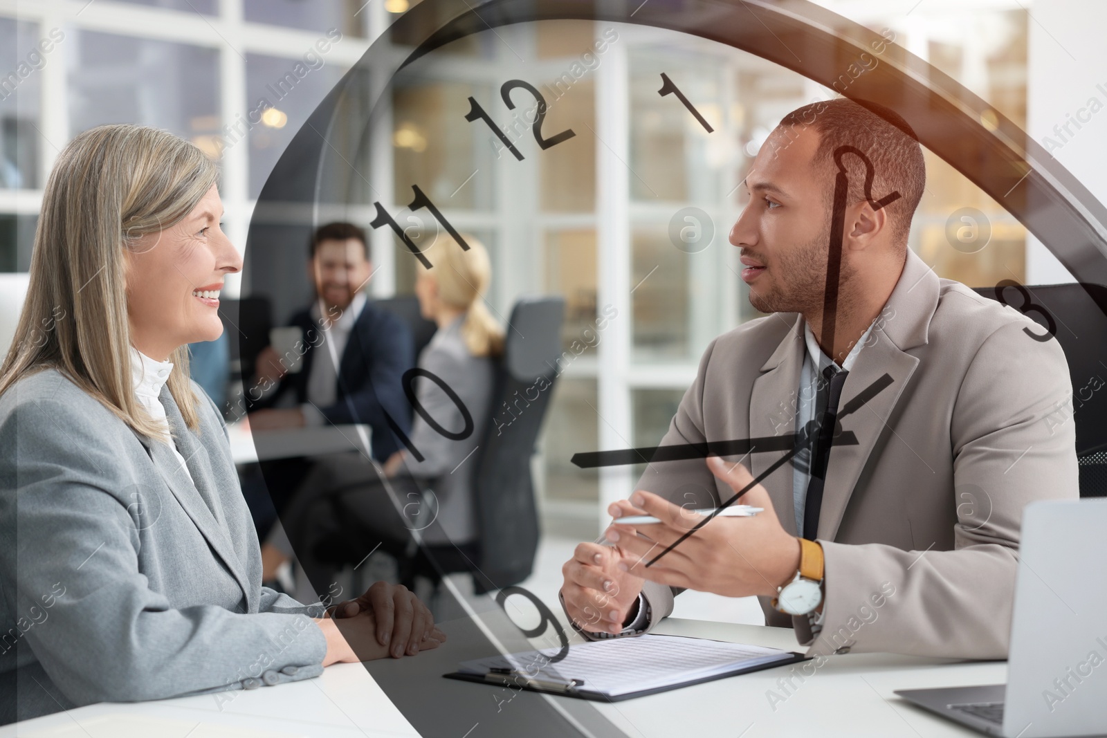 Image of Businesspeople working in office, clock, double exposure. Time management