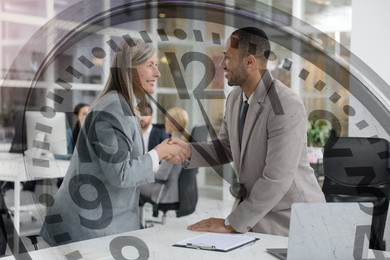 Businesspeople working in office, clock, double exposure. Time management