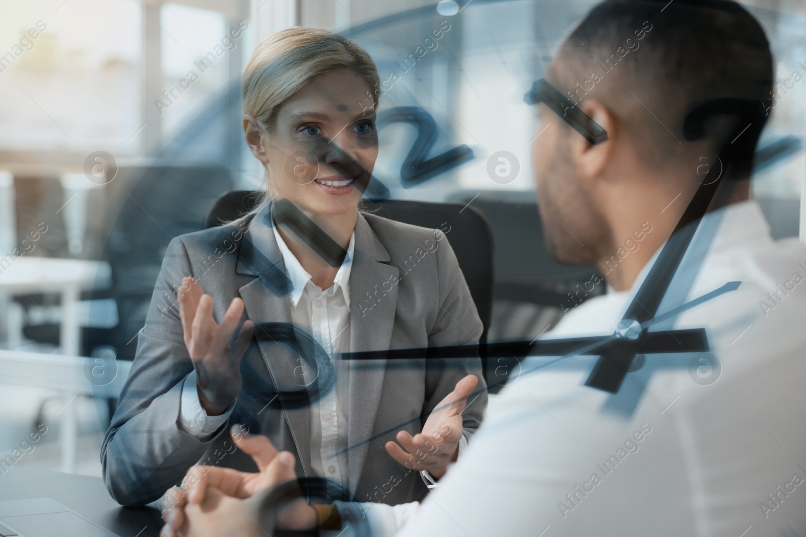 Image of Businesspeople working in office, clock, double exposure. Time management