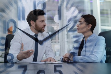 Image of Businesspeople working in office, clock, double exposure. Time management