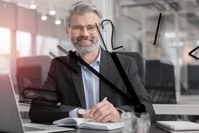 Businessman in office, clock, double exposure. Time management