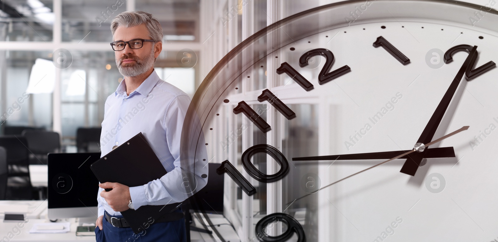 Image of Businesswoman in office, clock, double exposure. Time management