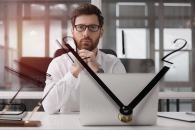 Image of Businessman in office, clock, double exposure. Time management