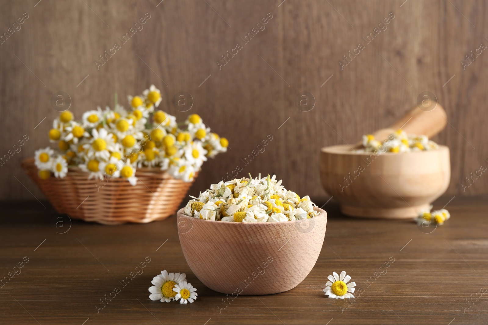 Photo of Dry and fresh chamomile flowers in bowl on wooden table