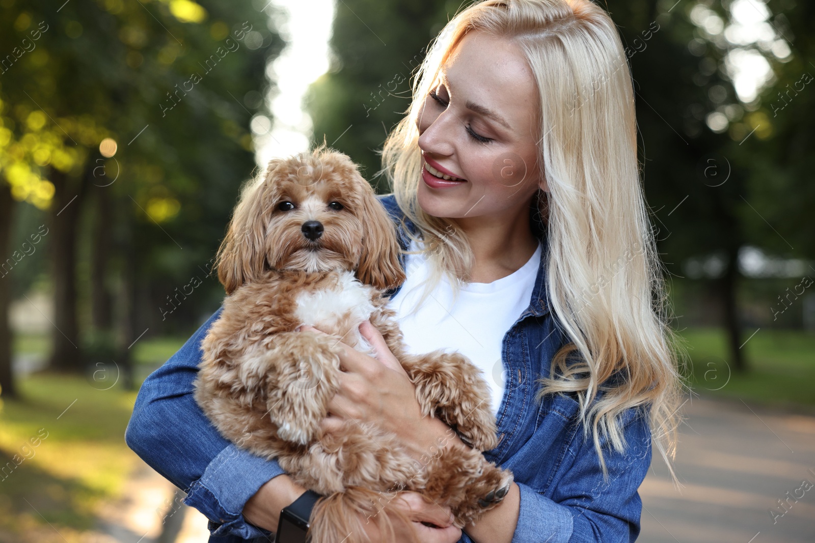 Photo of Beautiful young woman with cute dog in park