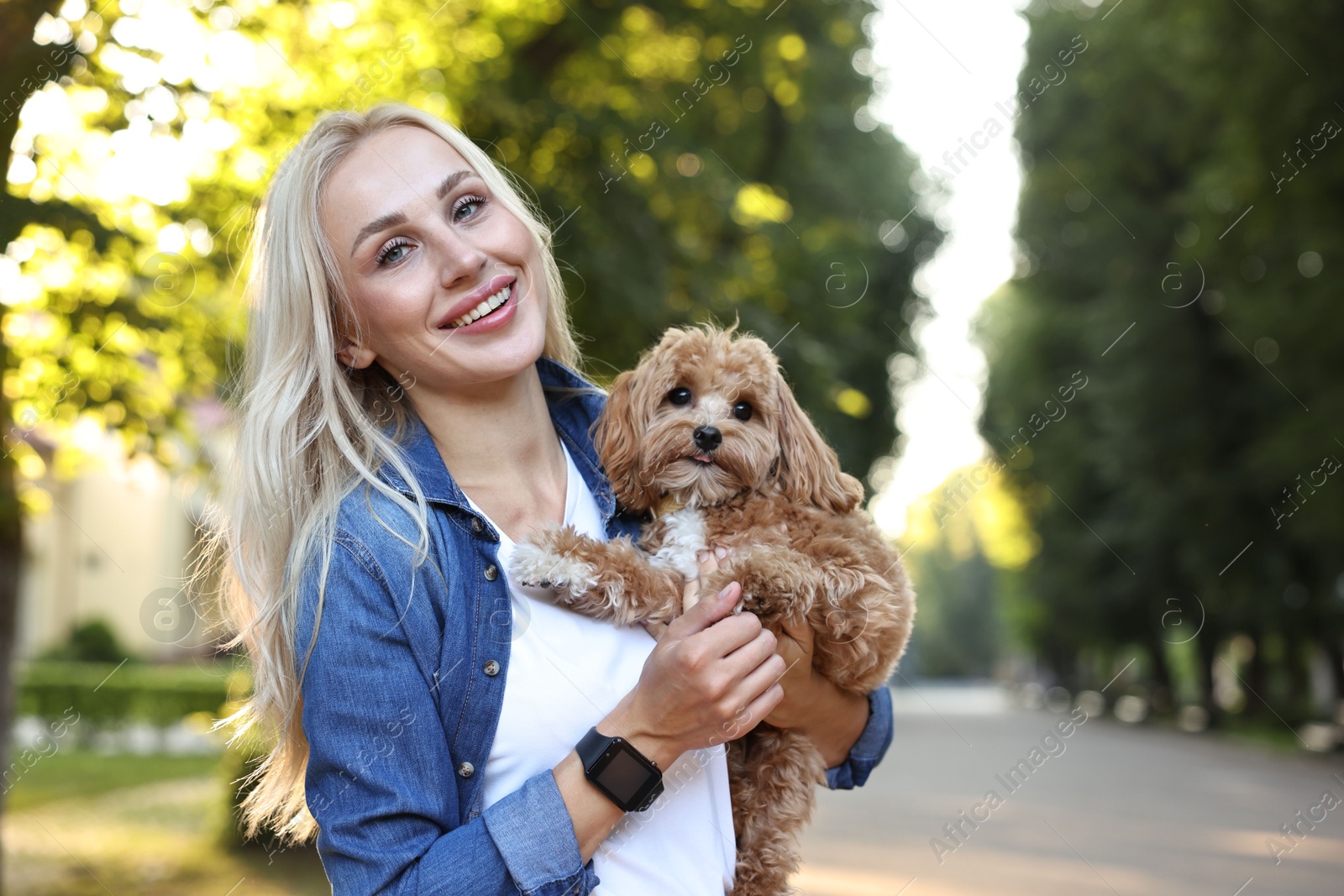 Photo of Beautiful young woman with cute dog in park