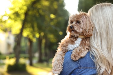 Photo of Woman with cute dog in park, back view. Space for text